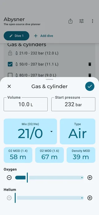 Abysner gas picker showing oxygen and helium with MOD and density