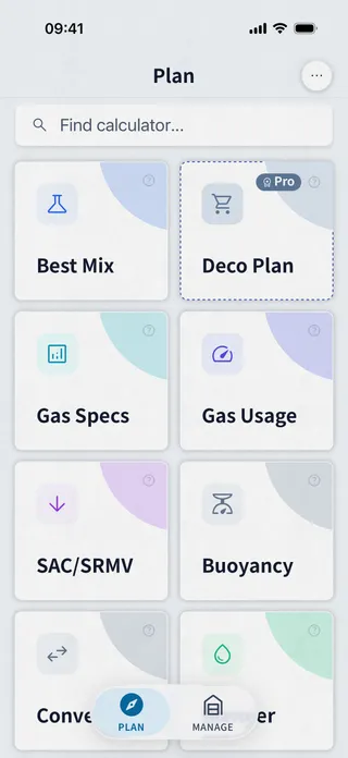 Dive Kit tools screen listing the free calculators