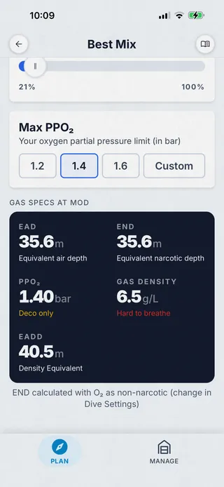 Dive Kit Best Mix nitrox result with PPO₂, EAD, END, and density at MOD