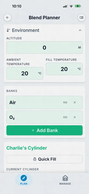 Dive Kit Blend Planner, environment and banks setup