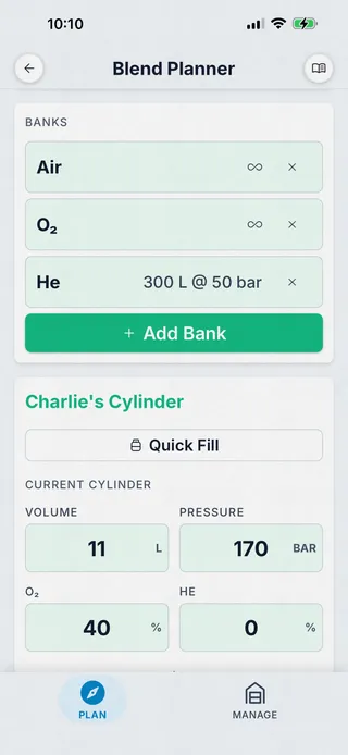Dive Kit Blend Planner, current cylinder configuration with banks