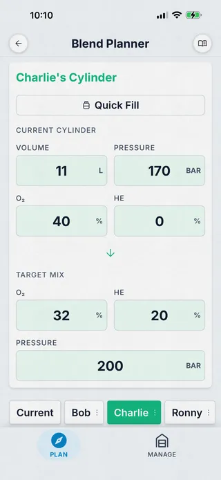 Dive Kit Blend Planner, multiple saved cylinders Bob, Charlie, Ronny