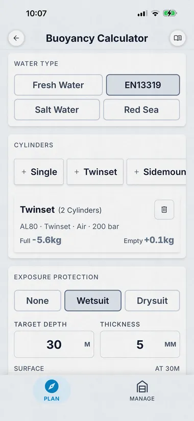 Dive Kit Buoyancy Calculator, water type and cylinder setup