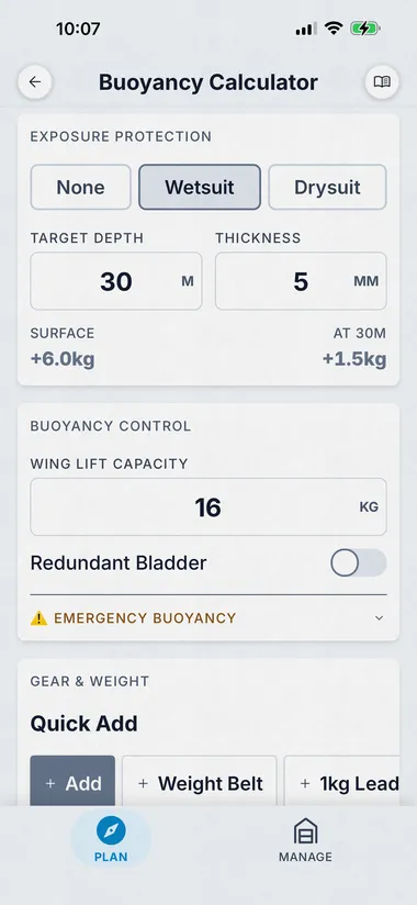 Dive Kit Buoyancy Calculator, exposure protection and wing setup