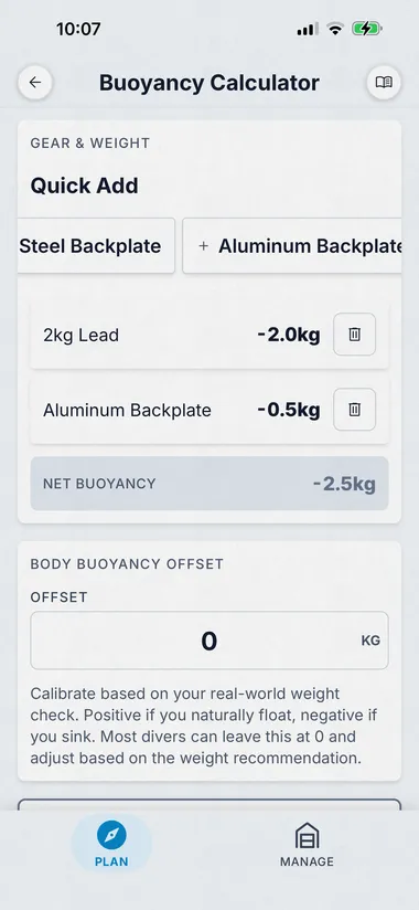 Dive Kit Buoyancy Calculator, gear and weight Quick Add with body buoyancy offset