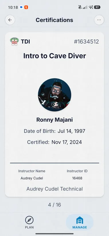 Dive Kit Certifications, TDI Intro to Cave Diver detail card with profile photo and instructor info