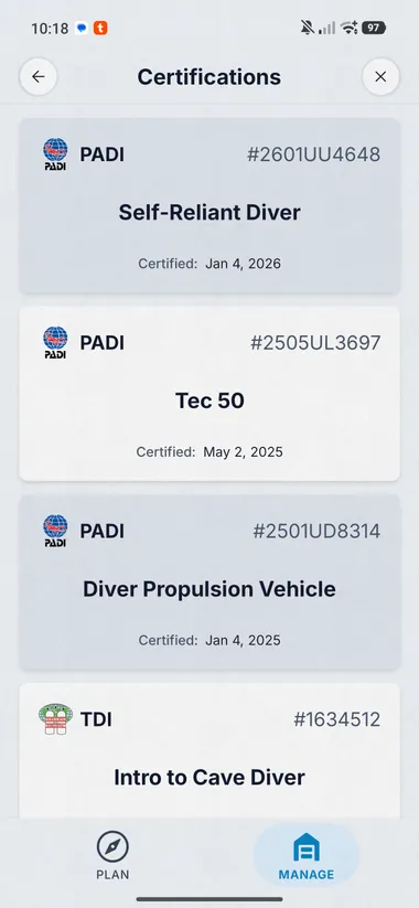 Dive Kit Certifications, list view with agency badges and dates