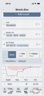 Dive Kit Deco Planner on a phone: a trimix wreck dive with its contingency tabs and deco schedule