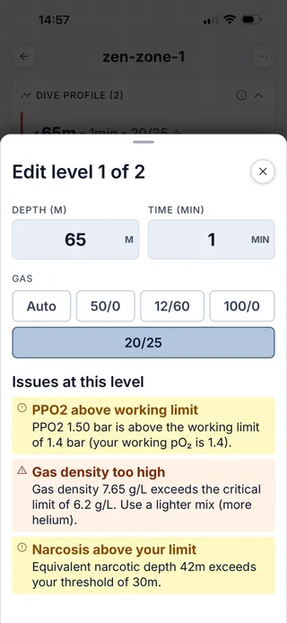 Dive Kit gas configuration form with Quick Fill, single/twinset toggle, exclude-from-deco option, and live PPO2/END/density readouts
