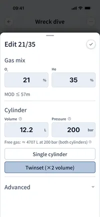 Dive Kit 气体输入界面，实时显示 PPO₂ 和密度反馈
