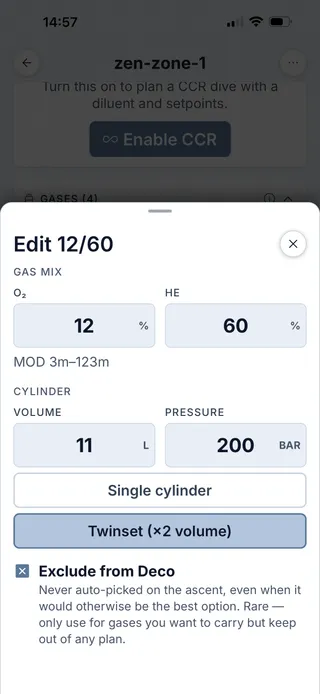 Dive Kit gas configuration form with Quick Fill, single/twinset toggle, exclude-from-deco option, and live PPO2/END/density readouts