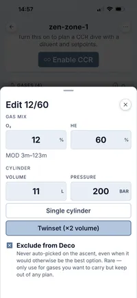 Dive Kit dive profile entry form with depth, time and gas selectors plus live PPO2, END, and density readouts