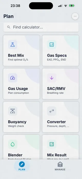 Dive Kit Plan dashboard with card grid for Best Mix, Gas Specs, Gas Usage, SAC/RMV, Buoyancy, Converter, Blender, and Mix Result