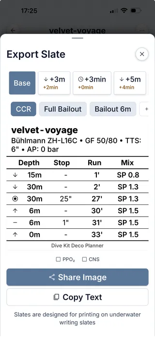 Dive Kit Share sheet with QR code and Export Slate sheet with printable underwater slate preview