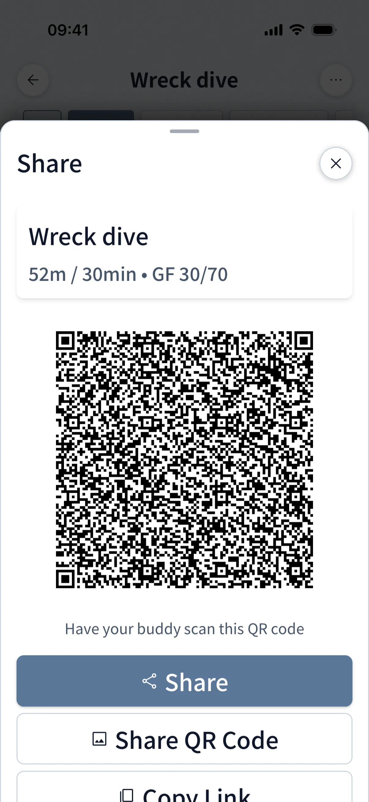 Dive Kit Teilen-Sheet mit QR-Code und Export-Slate-Sheet mit druckfertigem Handgelenk-Slate-Vorschau