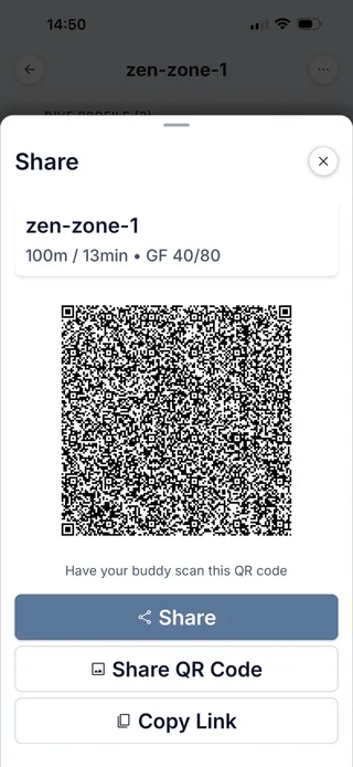 Dive Kit Share sheet with QR code and Export Slate sheet with printable underwater slate preview