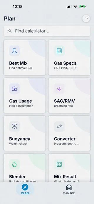 Dive Kit tools screen listing the free calculators