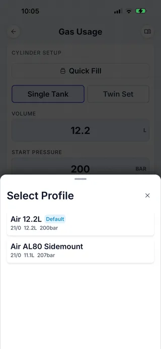 Dive Kit Gas Usage, Quick Fill profile selector showing saved gas presets