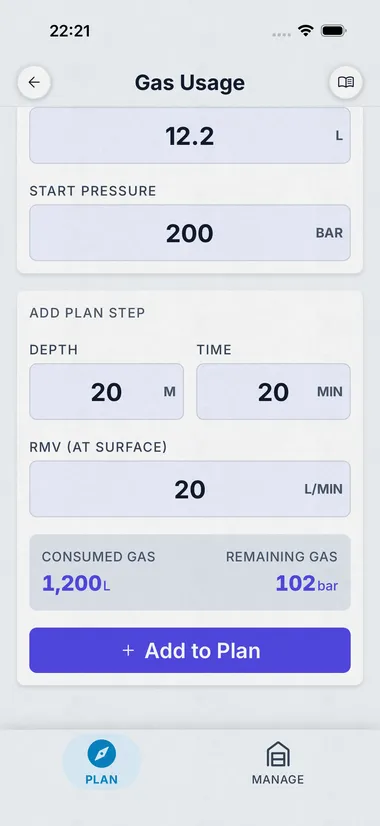 Dive Kit Gas Usage, add plan step with depth, time, and RMV