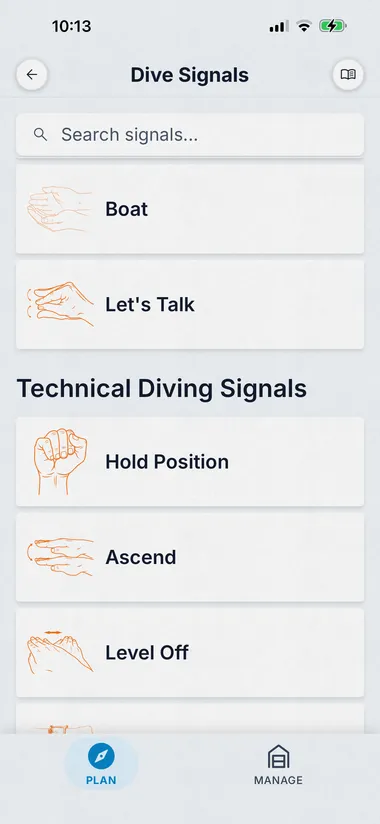 Dive Kit Dive Signals, categorised list of hand signals with search