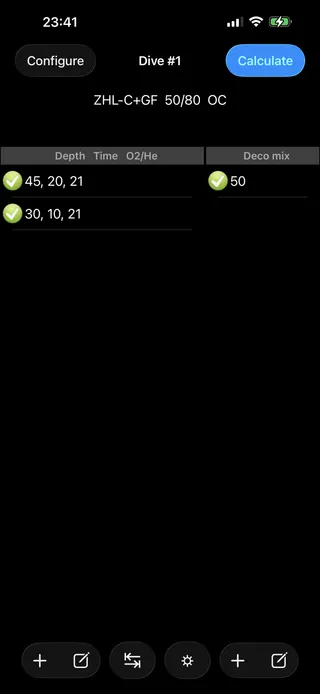 MultiDeco main configure screen with mixed list of gases and dive levels