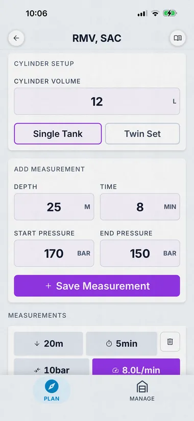 Dive Kit RMV/SAC, record a measurement with depth, time, and pressures