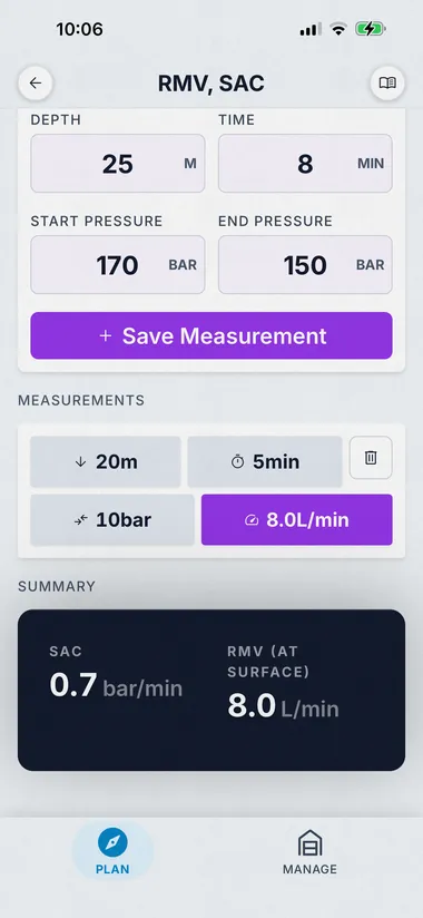 Dive Kit RMV/SAC, saved measurements list with SAC and RMV summary