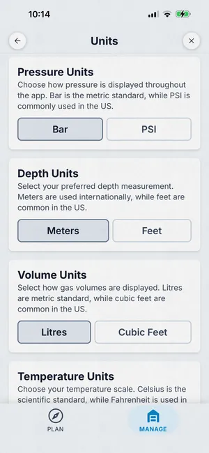 Dive Kit Settings, Units: pressure, depth, volume, temperature